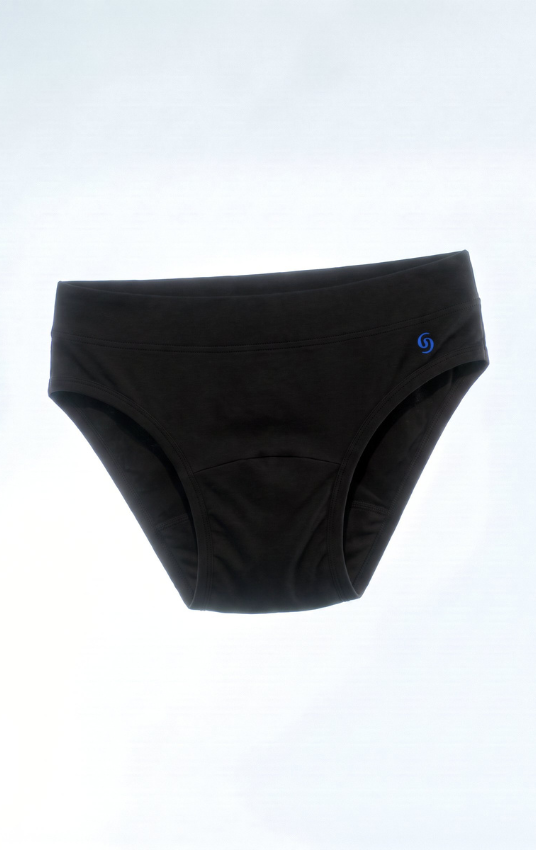 Black women's briefs with a small blue circular logo on the right hip, shown against a plain white background.