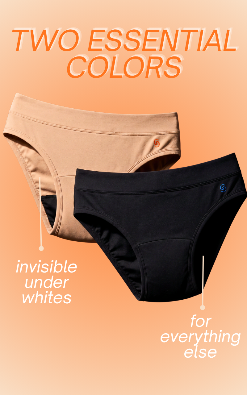 Two pairs of women's underwear are shown on a peach gradient background with promotional text. The top pair is a light tan/beige color labeled 'invisible under whites,' and the bottom pair is black labeled 'for everything else.